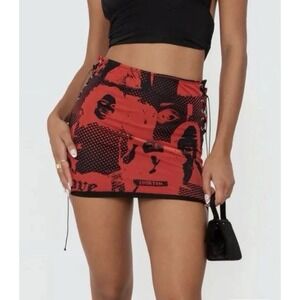Edikted Red & Black Graphic Print Mini Skirt Lace Up Front Size Small Y2K Grunge